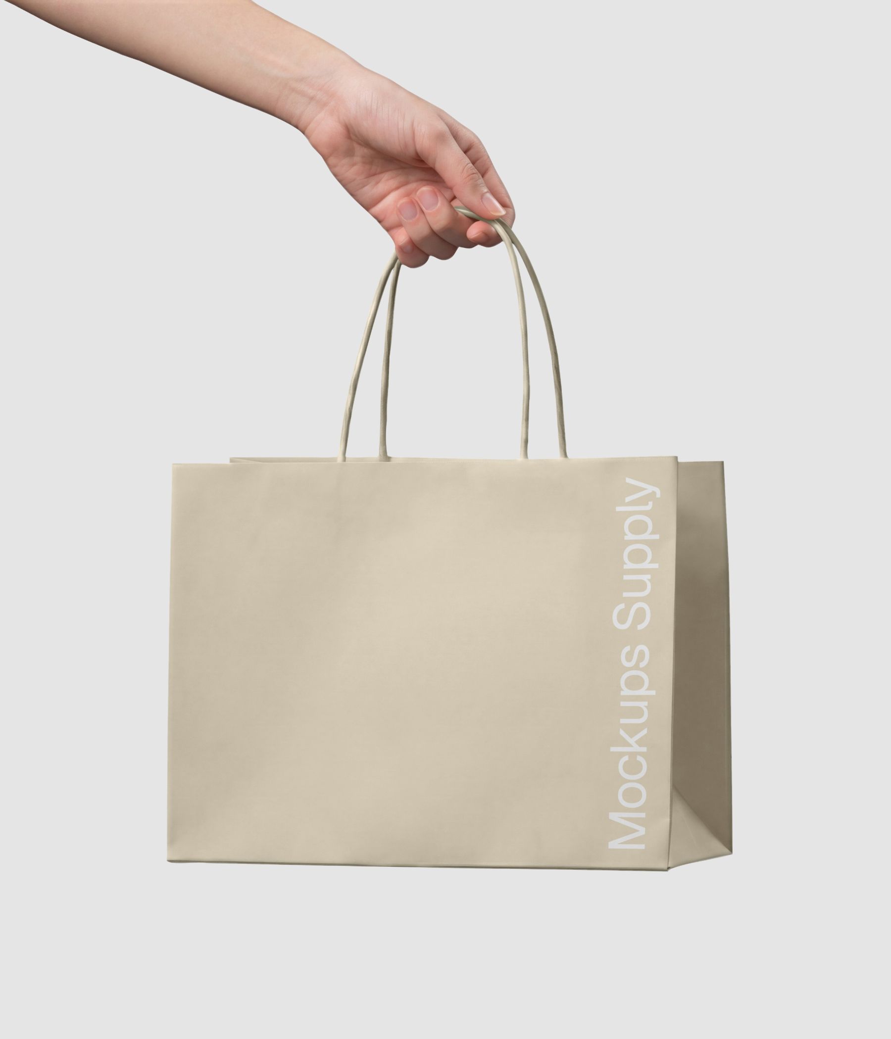 Hand holding wide paper bag mockup with twisted handle for retail branding download PSD