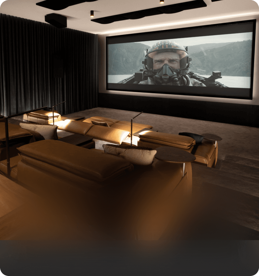 Home theater with plush seating and movie screen