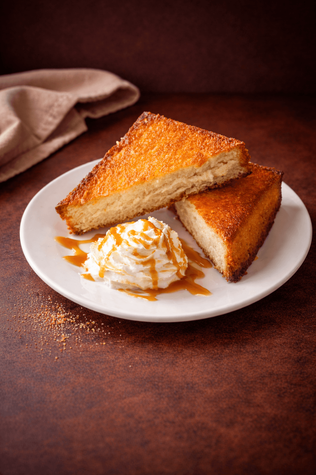 Japanese Honey Toast with caramelized honey butter and a whipped cream topping on a white plate at Café Sherpa's, Brookfield WI. House-made milk bread baked until golden.