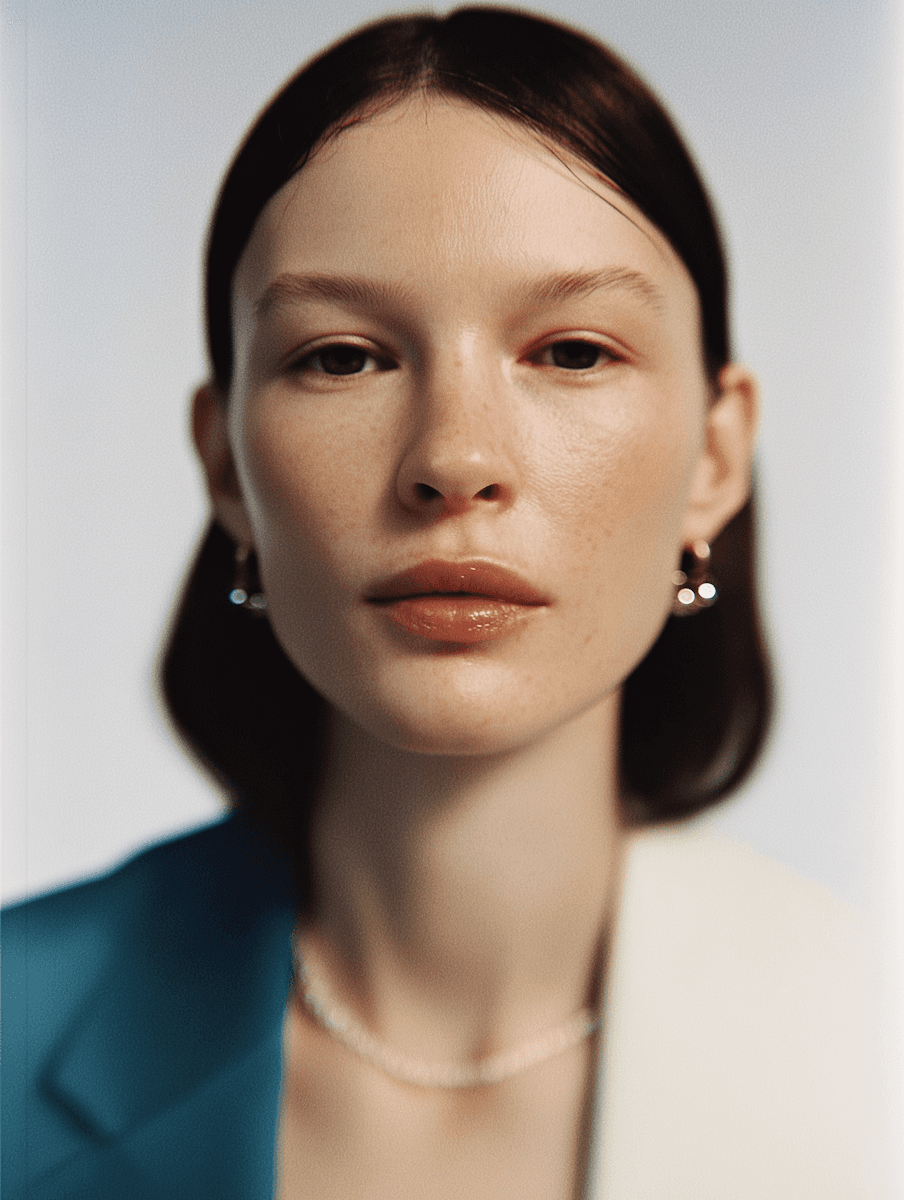 Centered close-up portrait of a woman with slicked-back dark hair, wearing small gold earrings and a delicate necklace, lit softly against a neutral background.