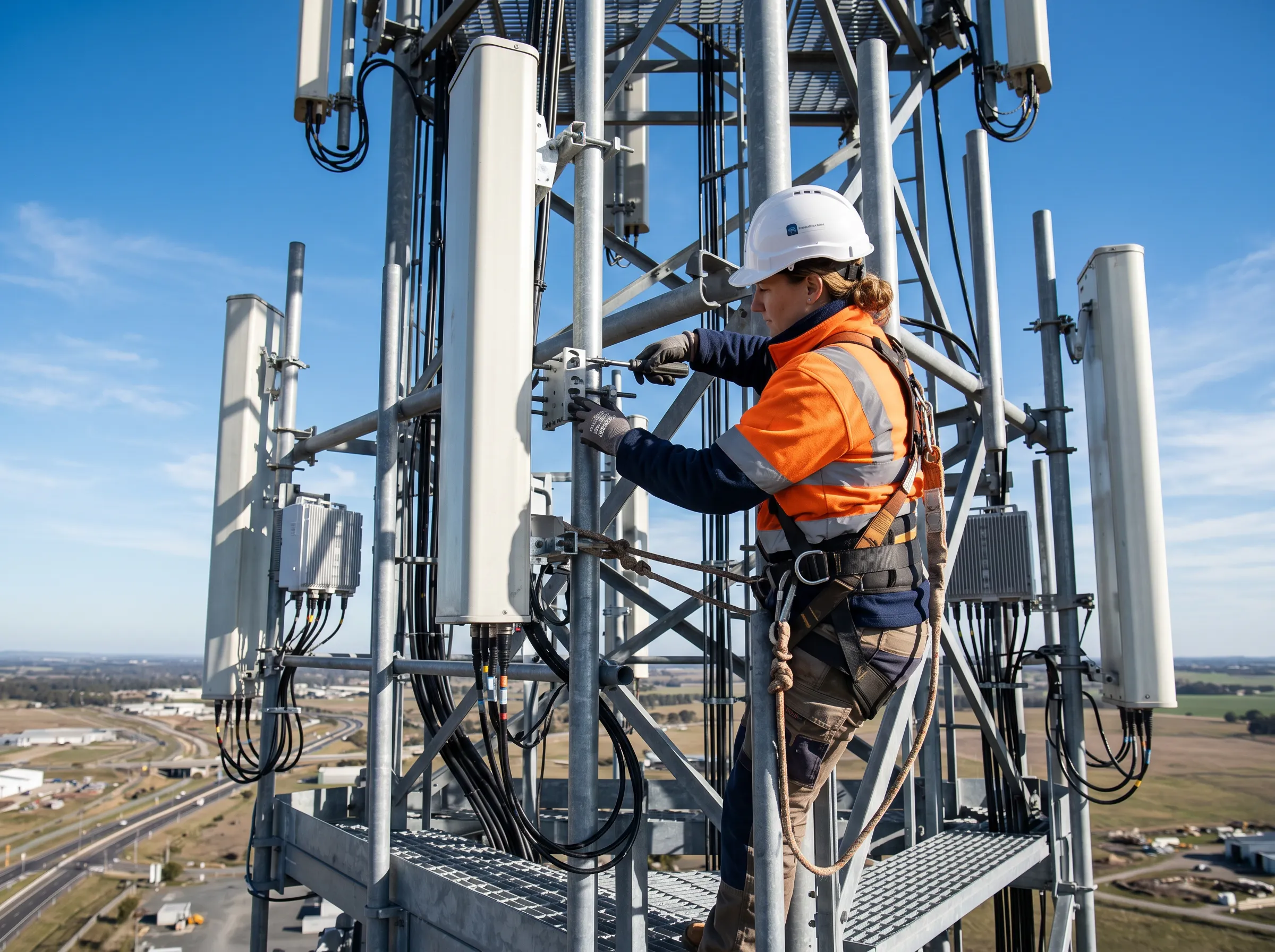 A worker in a hard hat operates a yellow drilling machine under a clear blue sky, near solar panels.