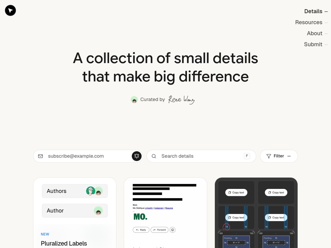 Website showcasing a design detail collection with various user interface elements.