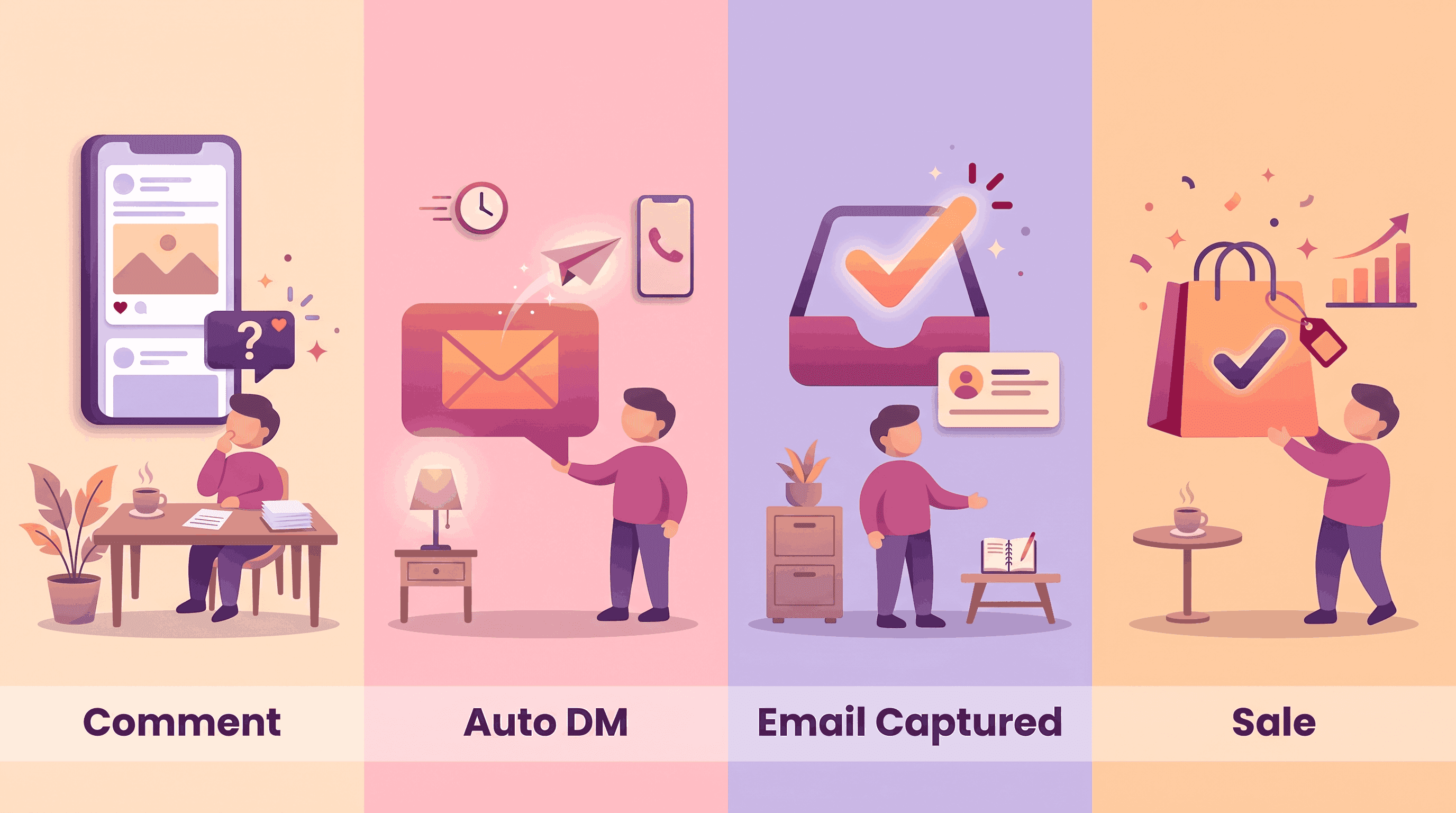 Comment funnel showing how a Facebook comment becomes a DM, captured email, and CRM record