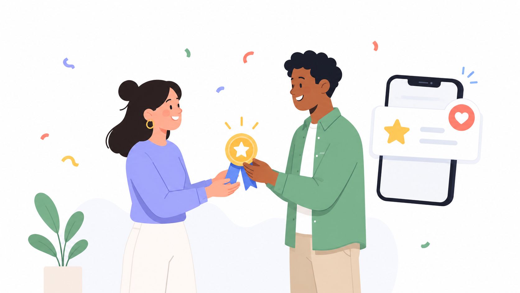 A woman and a man celebrating with an award badge next to a mobile phone notification screen.