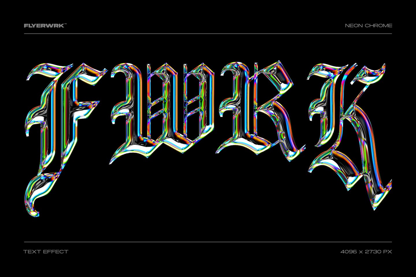 Neon chrome text effect applied to gothic typography with reflective metallic finish