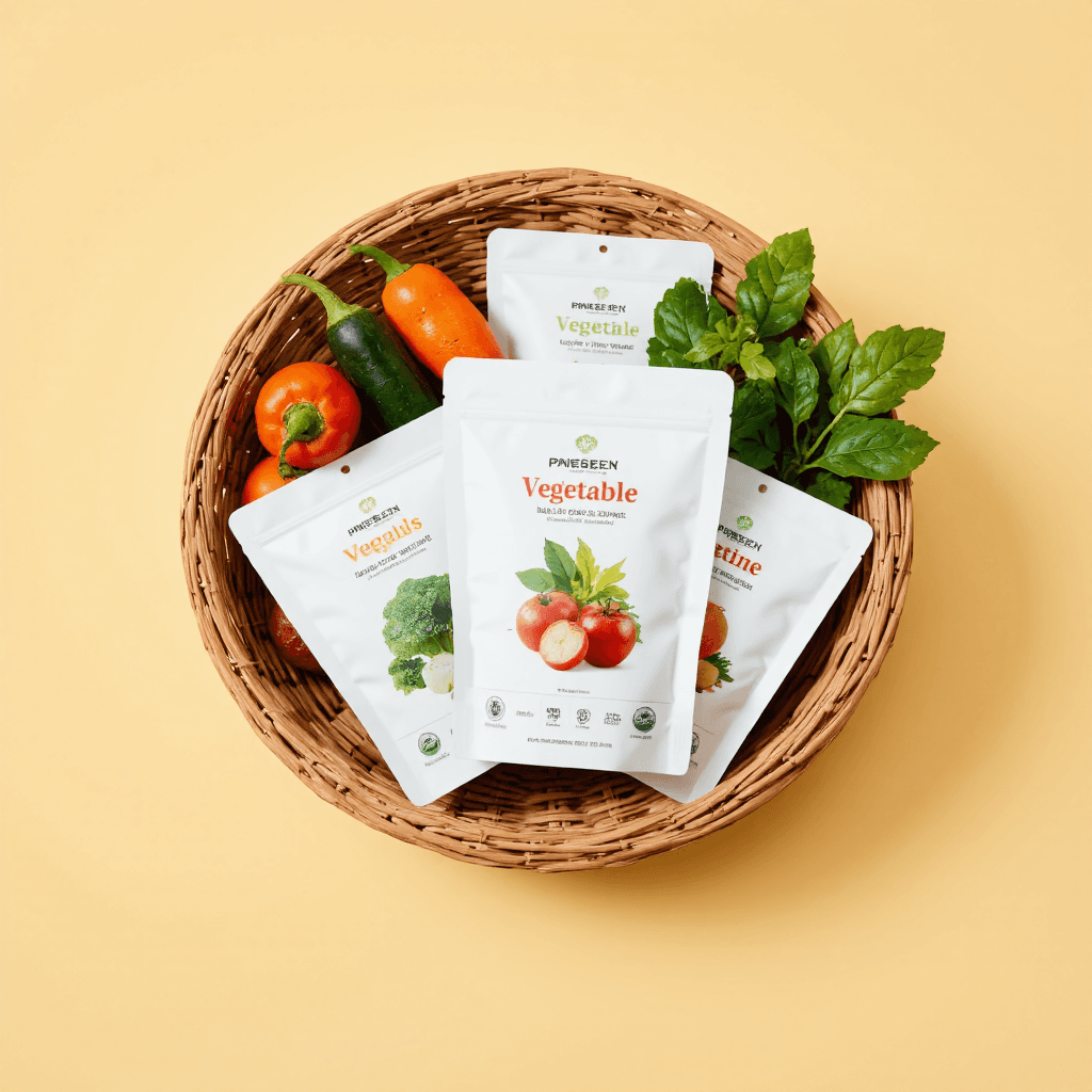 product photography of basket of vegetables and vegetable pouches