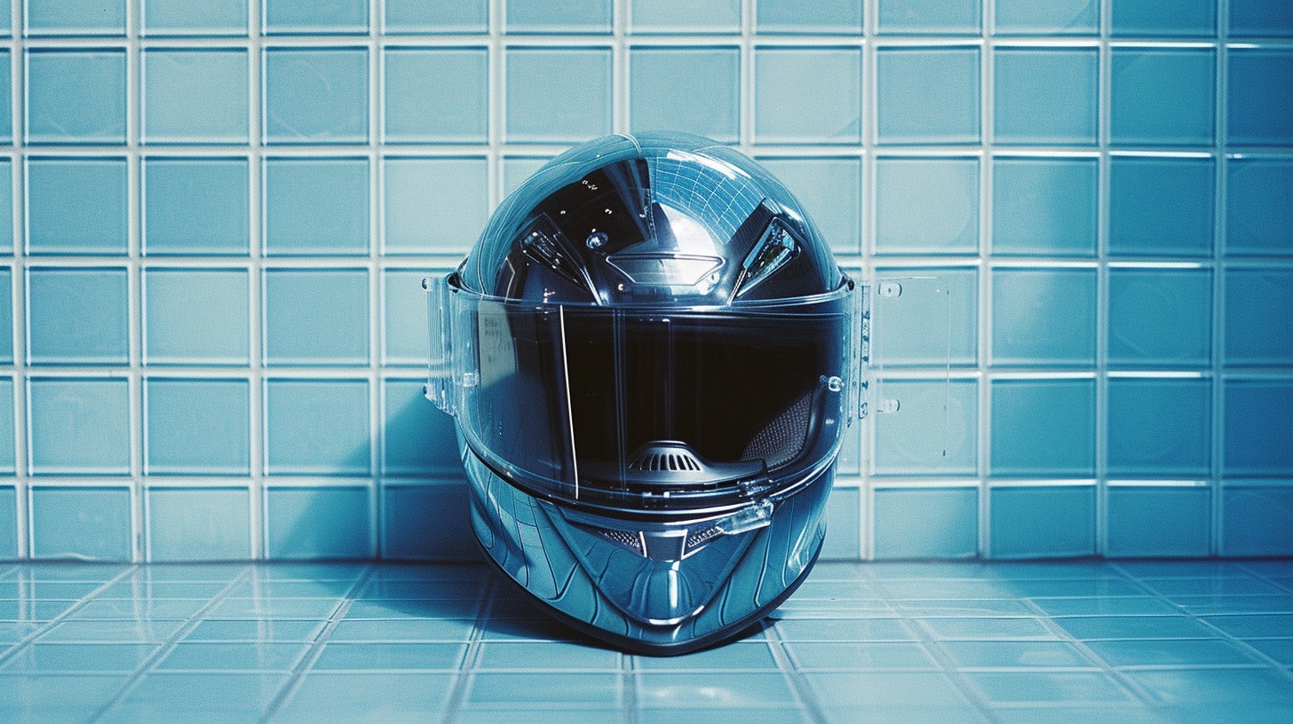 ein helm in chrome, blauer fließen hintergrund