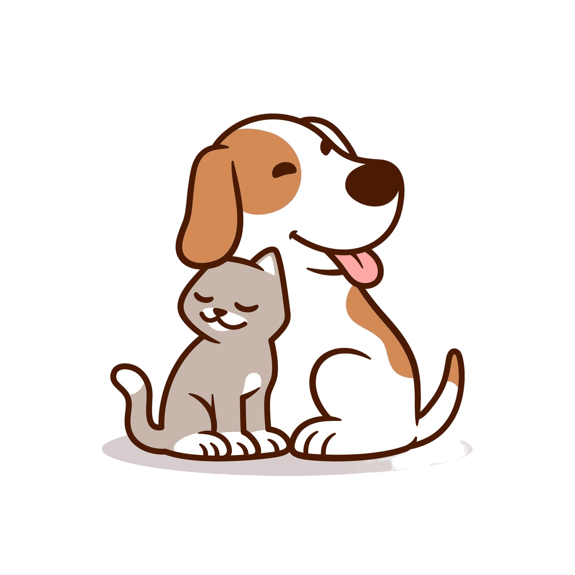 Black and white silhouette of a dog and cat sitting in grass, looking up at a flying butterfly, flanked by flowers.
