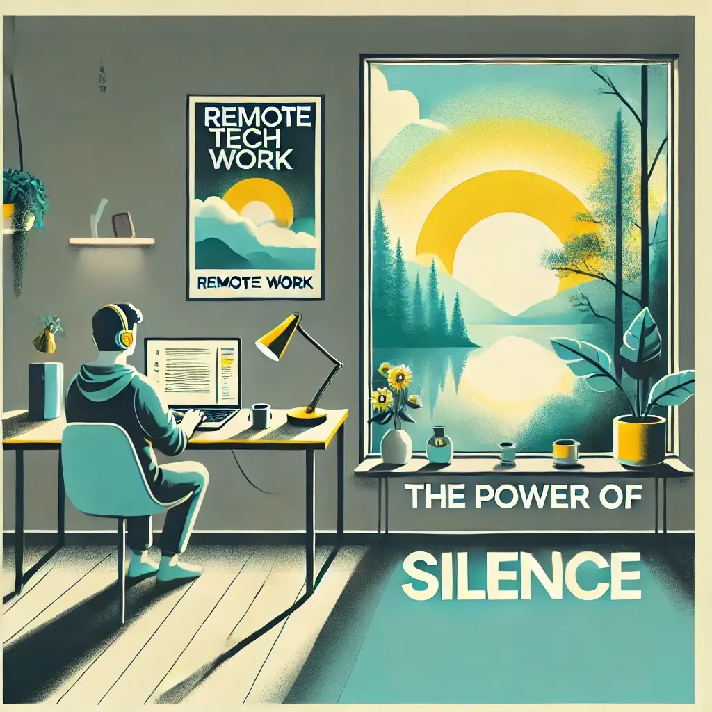 DALL·E 2025-01-10 13.33.47 - A minimalist and serene digital illustration representing The Power of Silence in remote work, using teal, yellow, and soft gray tones inspired by t