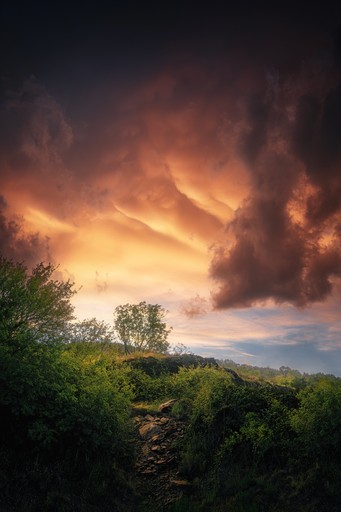 Houses glowing orange near a lake with mountains in the background