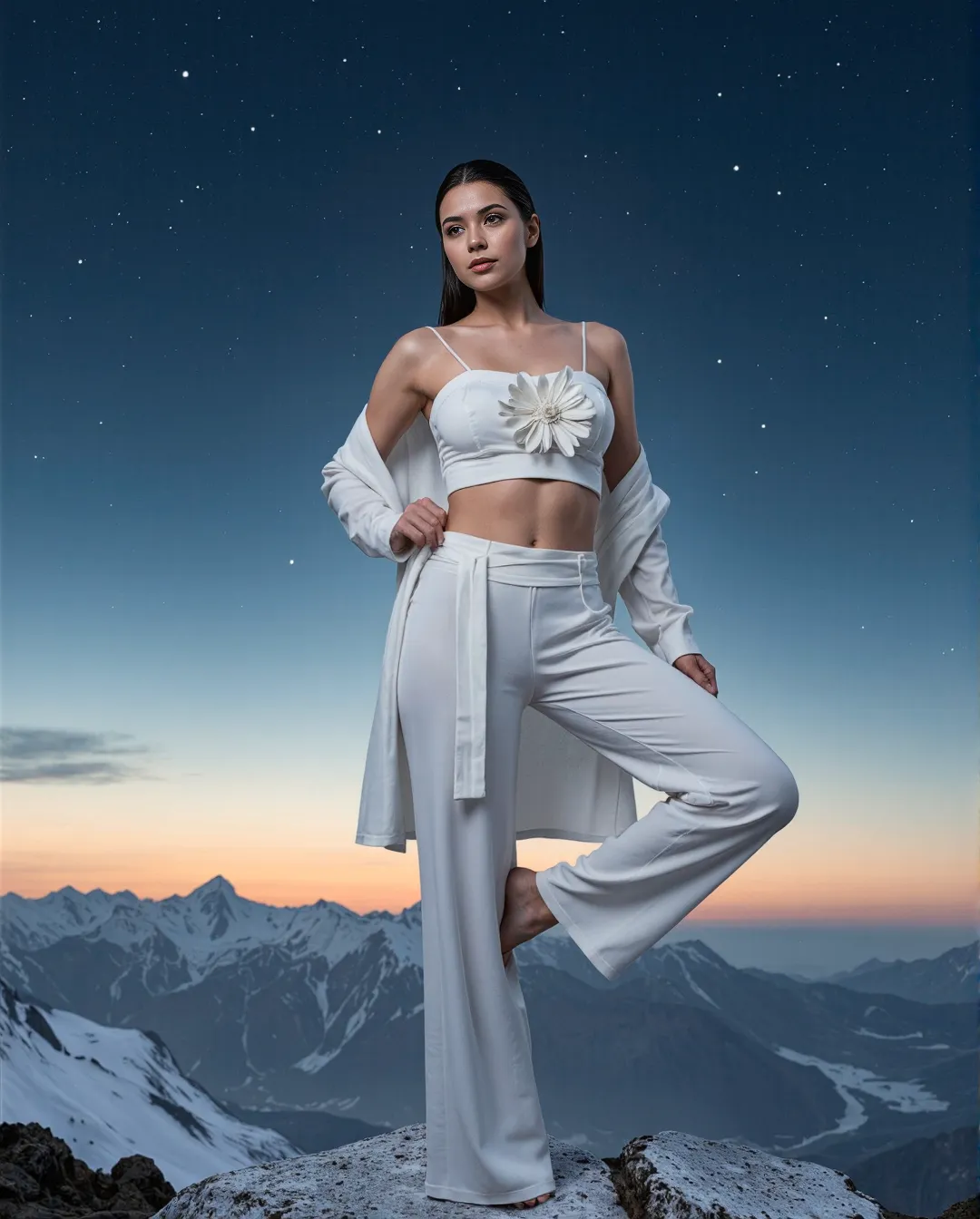 Fashion photography featuring all-white outfit against twilight mountain landscape with starry sky, showcasing ethereal winter elegance