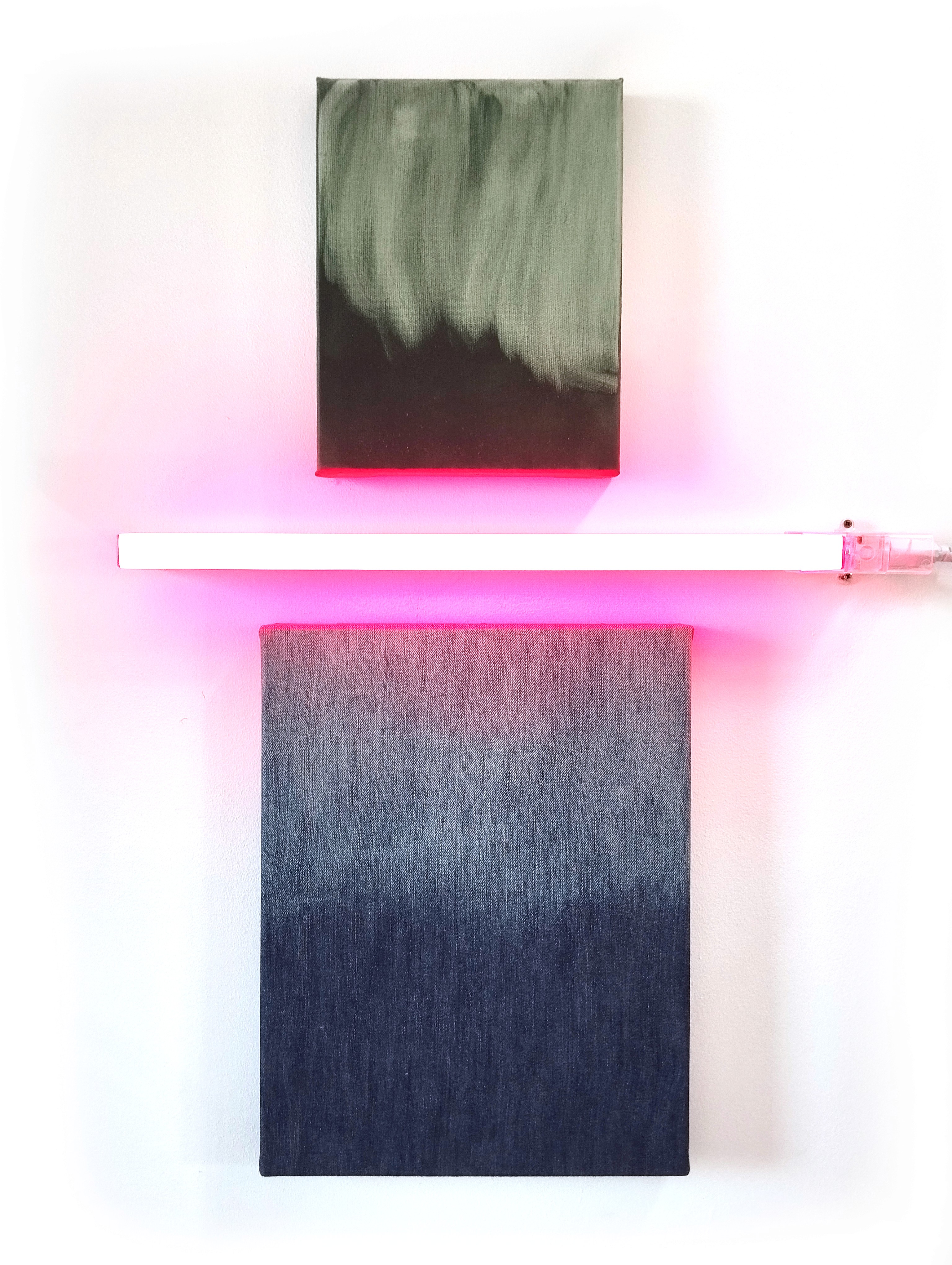 Sans-titre, Huile sur toile 24 X 19 cm et jean sur châssis bois 35 x 27 cm