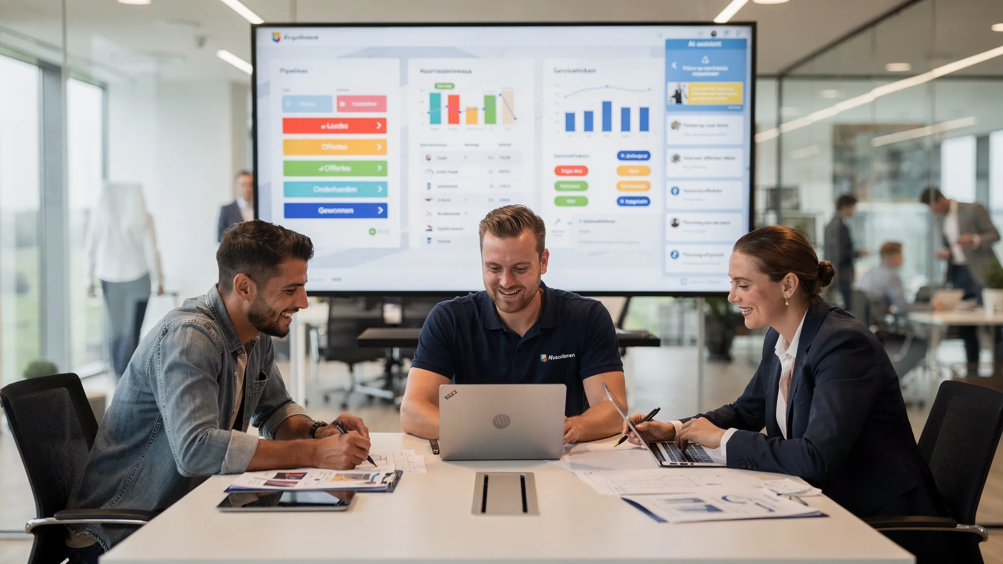 Een mkb-team in een vergaderruimte kijkt samen naar een laptop en een groot scherm met een salespipeline, voorraadniveaus en servicetickets. Een subtiele AI-assistent toont suggesties voor follow-ups, offerte-teksten en planning. Aan tafel zitten een distributeur, een installateur en een accountant.