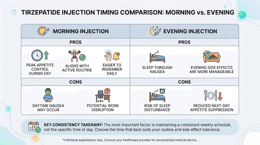 Morning versus evening tirzepatide injection timing pros and cons comparison table