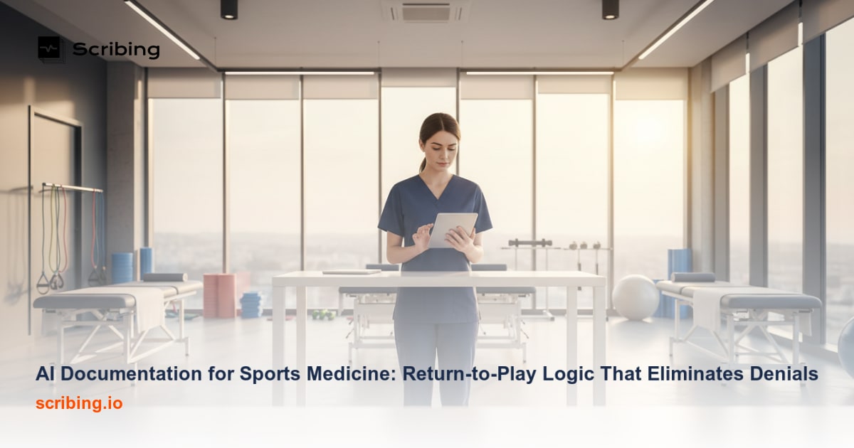 Sports medicine physician using AI documentation technology to evaluate return-to-play criteria in a modern clinical setting