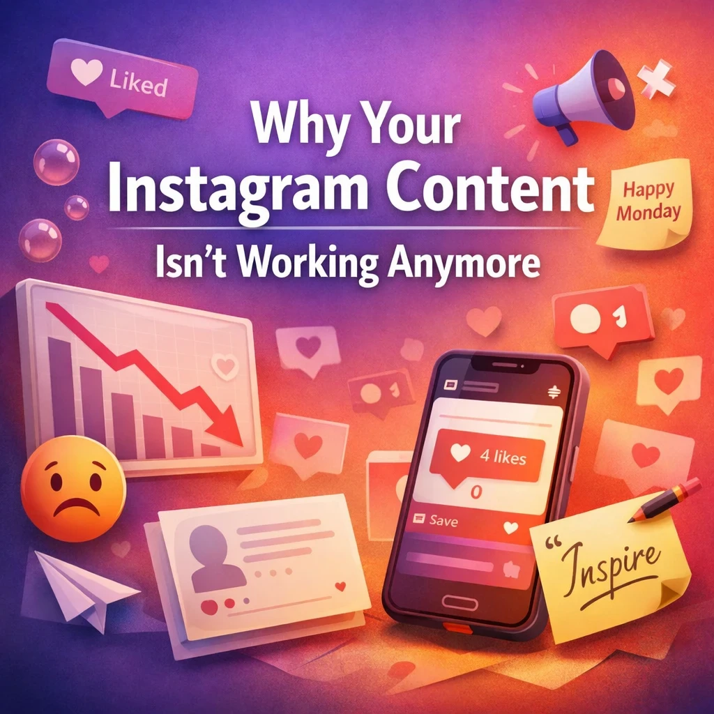 Illustration showing declining Instagram engagement with a smartphone displaying low likes, a downward graph, and icons symbolizing why Instagram content isn’t working anymore.