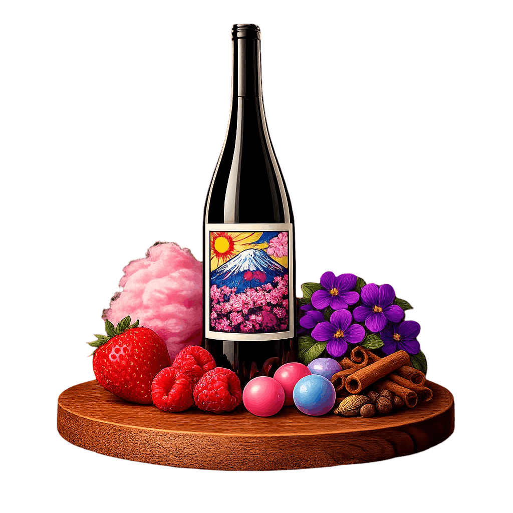 Artistic label and flavor profile for Yamanashi Muscat Bailey A on a rustic wooden table.