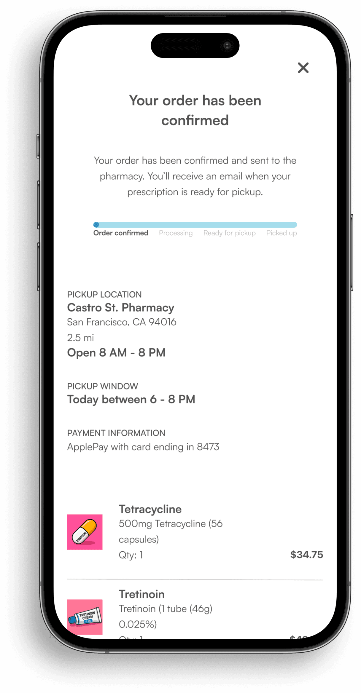Prescription order confirmation screen