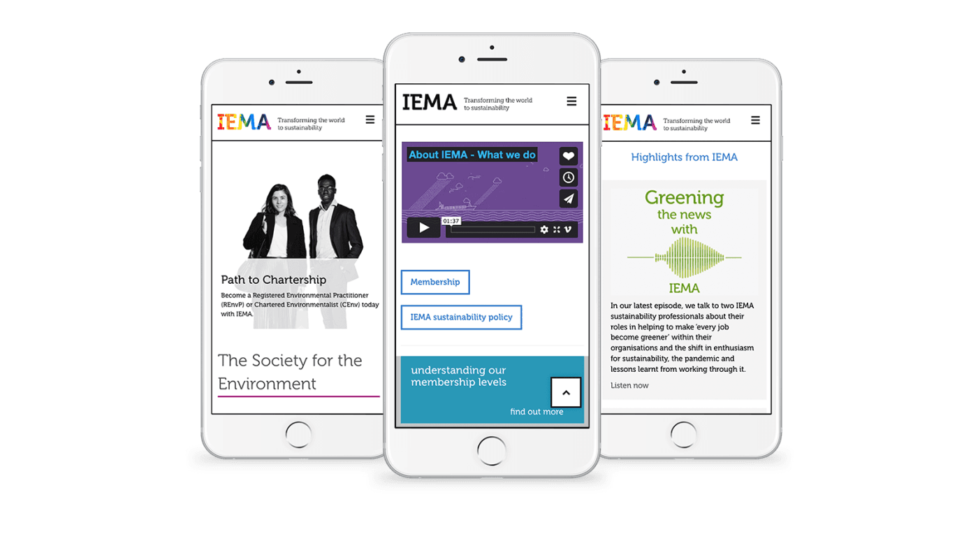 Mobile screens showing pages of the IEMA website