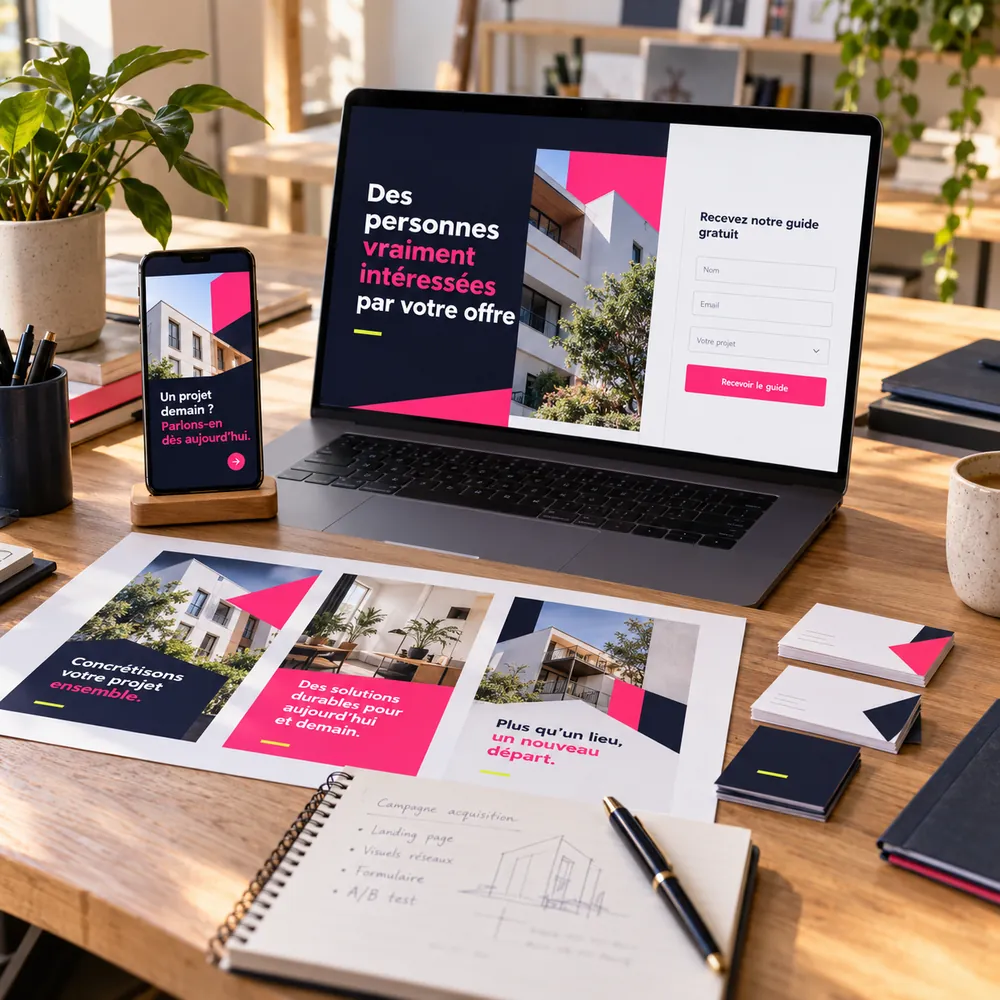 Ordinateur, publicité sur mobile et déclinaisons imprimées d’une campagne de génération de contacts.