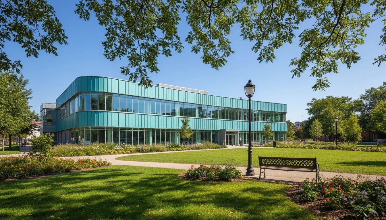 DSLR wide-angle photograph of a modern two-story public leisure center, featuring a curved glass curtain wall and teal vertical panels, set within a manicured park. The scene is captured under bright natural daylight with a clear blue sky. In the foreground, a lush green lawn has a paved footpath lined with flowers, a park bench, and a vintage lamppost. The composition is naturally framed by overhanging tree branches with green leaves at the top. The entire image is in sharp focus, revealing details of the architecture and the surrounding landscape.