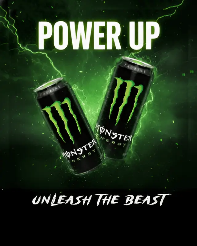 AI-generated Monster energy drink marketing poster with neon green "POWER UP - UNLEASH THE BEAST" typography and dynamic lightning effects against dark background, demonstrating beverage brand campaign by Mahendra