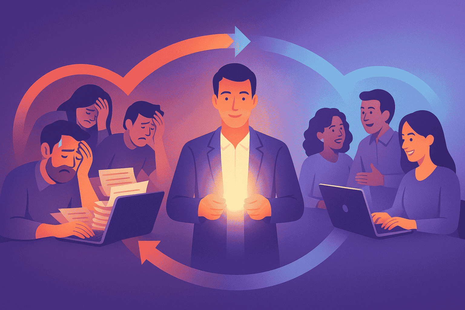 A semi-realistic digital illustration showing a leader breaking the cycle of work overload, with stressed employees on one side and a calm, productive team on the other.