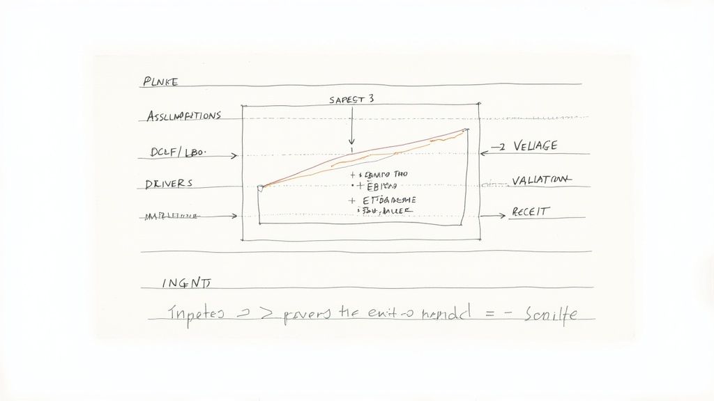 Handwritten diagram illustrating a financial model with inputs, calculations, and outputs.