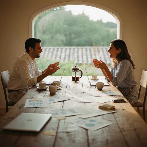 Réunion productive au bureau avec collègues discutant autour de documents et d'un café.