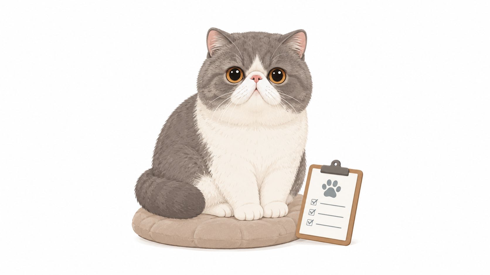 A fluffy grey and white exotic shorthair cat sitting on a cushion next to a clipboard checklist.