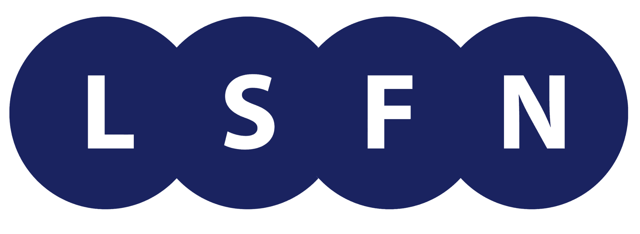 A imagem apresenta um design de logotipo minimalista composto por quatro círculos azul-marinho em uma linha, cada um exibindo as letras L, S, F e N em cinza-claro, representando uma abreviação de uma empresa ou organização.