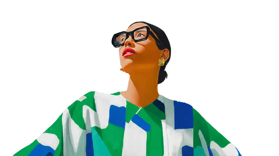 Uma pessoa de óculos escuros posa com confiança, vestindo uma camisa listrada colorida contra um fundo liso.