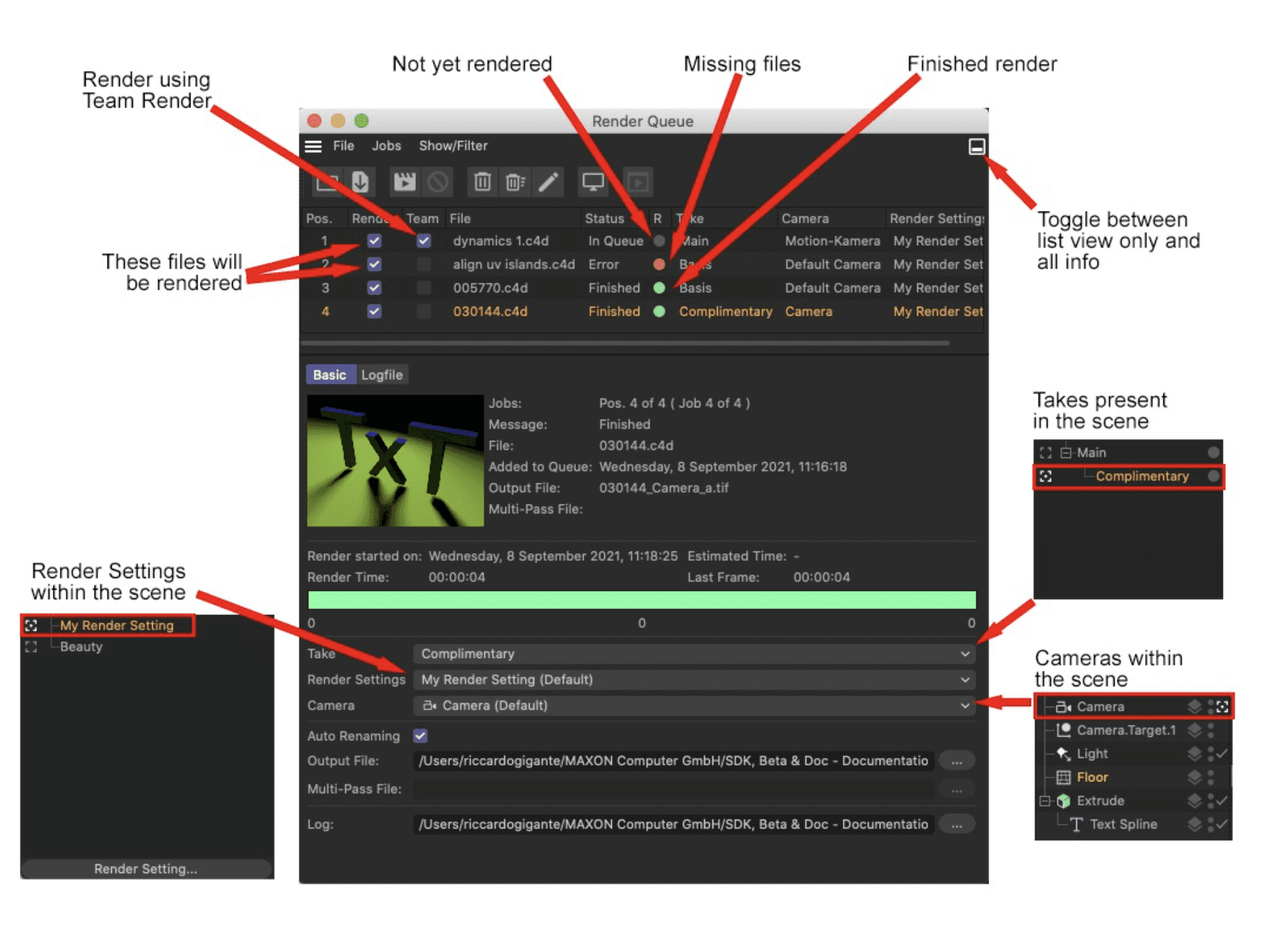 Cinema 4D Render Queue displaying render jobs and their controls.