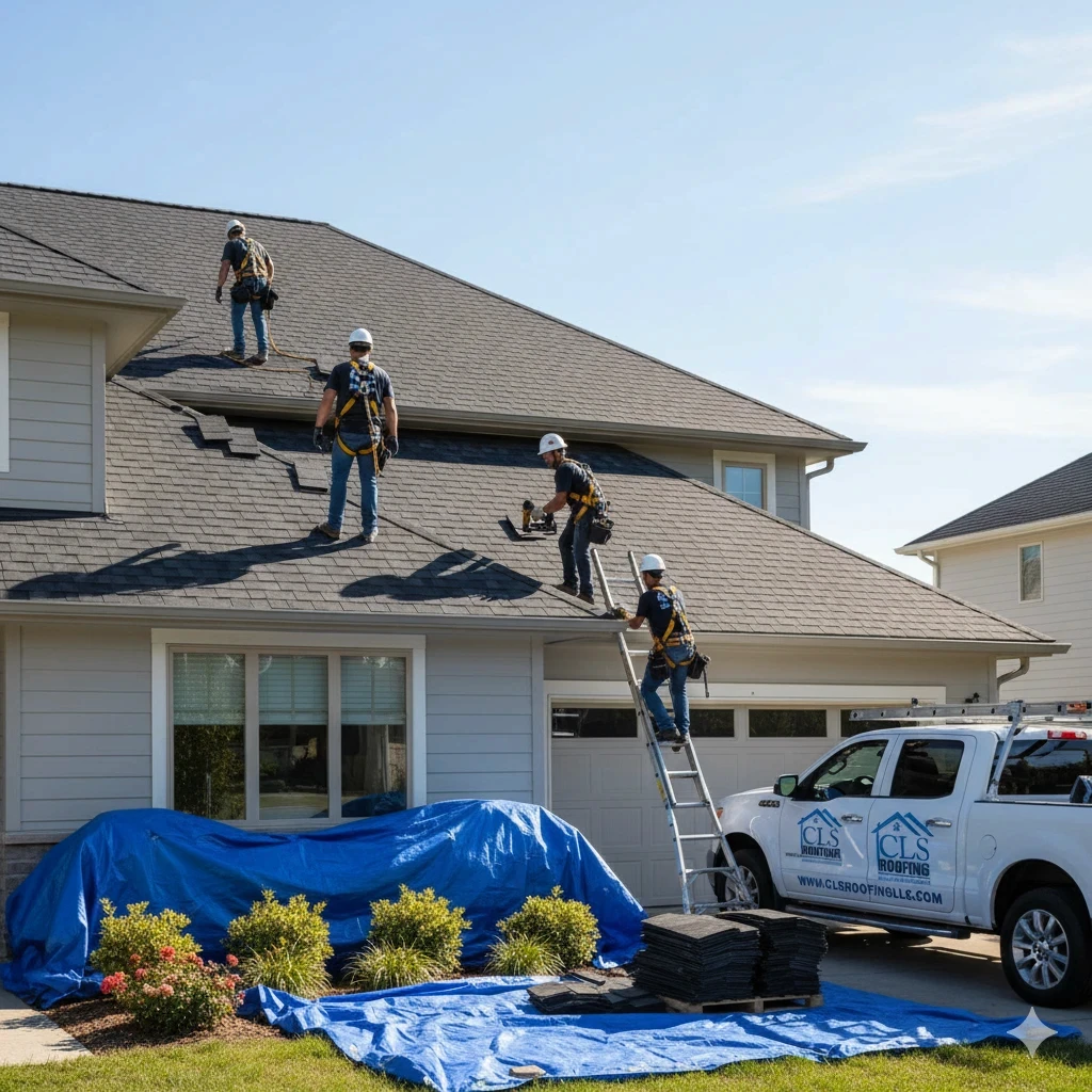 A professional crew installing tiles on a roof with protected landscaping below.
