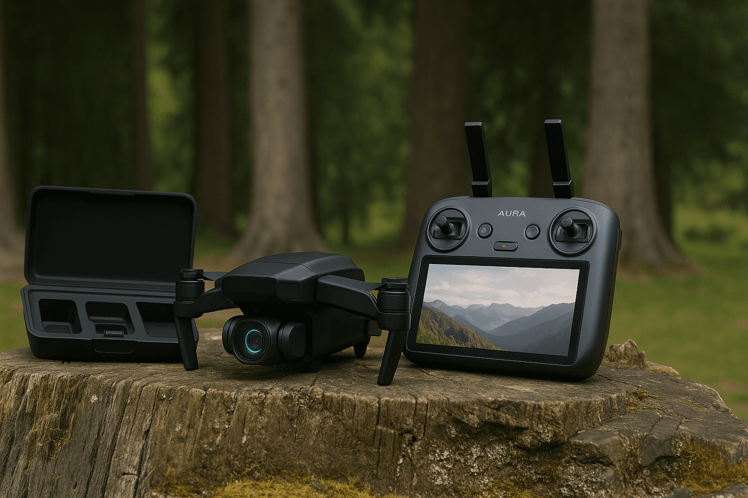 A compact black drone with folded propellers and its remote control sit on a tree stump in a forest, accompanied by an open carrying case, with a scenic mountain view displayed on the remote screen.
