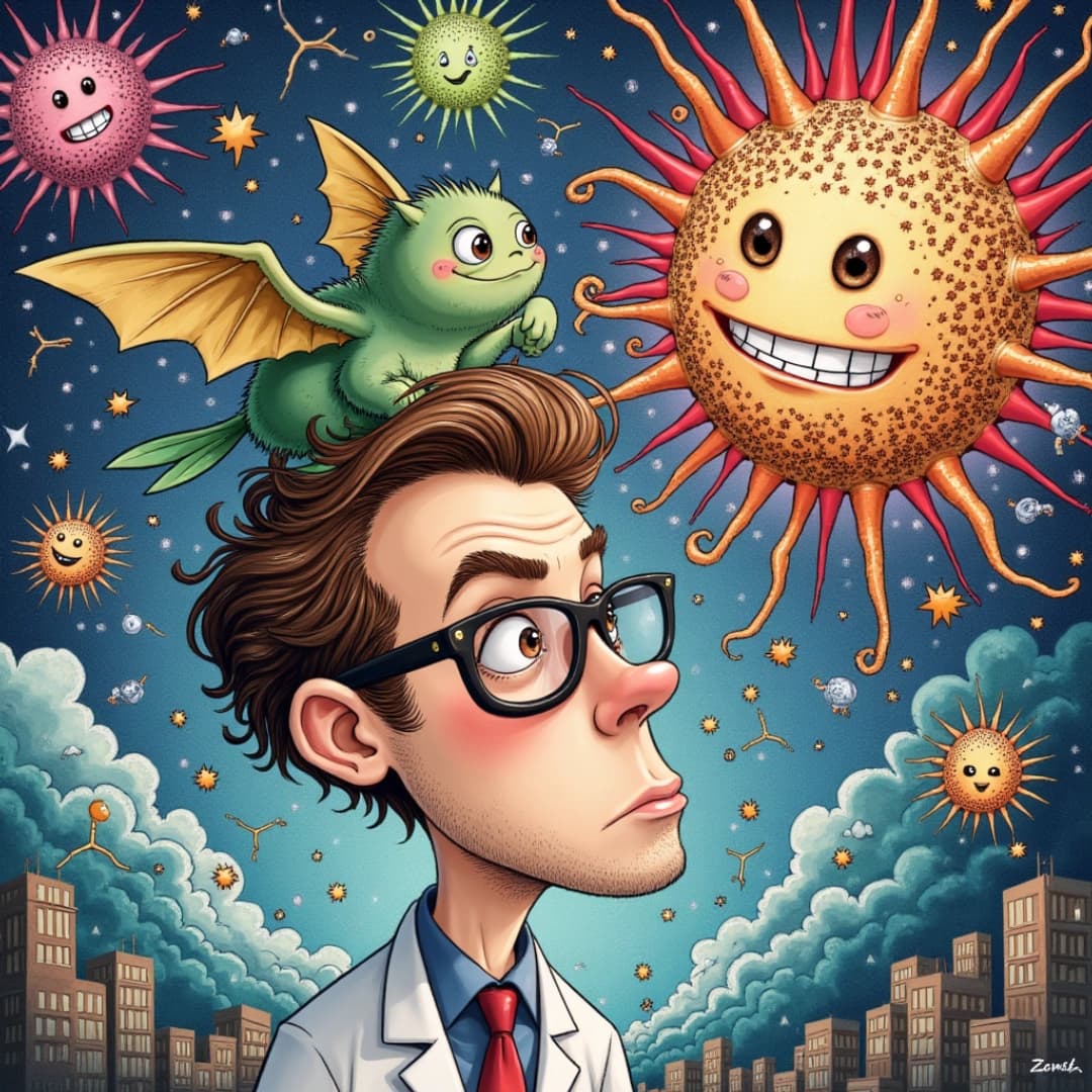 eine karikatur eines wissenschaftlers in einer Fantasie-Welt