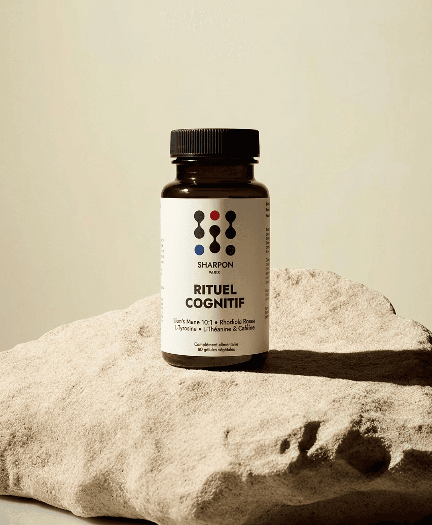 Bottle of sharpon rituel cognitif (nootropic) on a rock with a neutral background