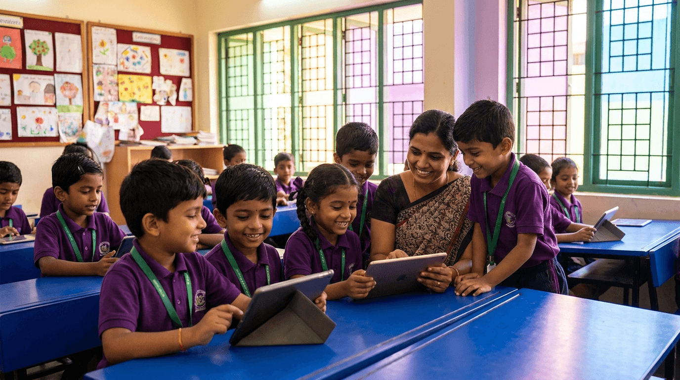 NCFE primary students using tablets with their teacher
