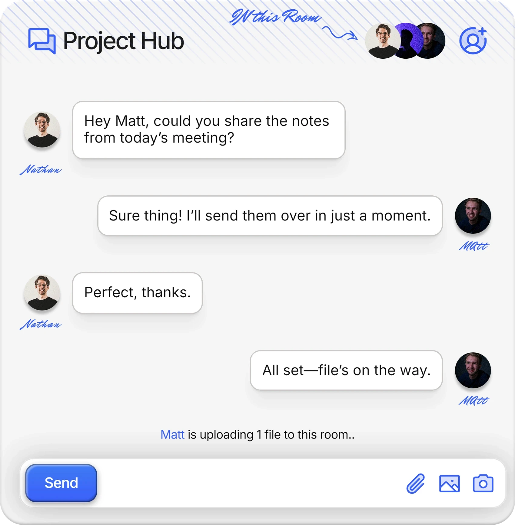 Chat interface showing a conversation between two users discussing project details, with playful banter.