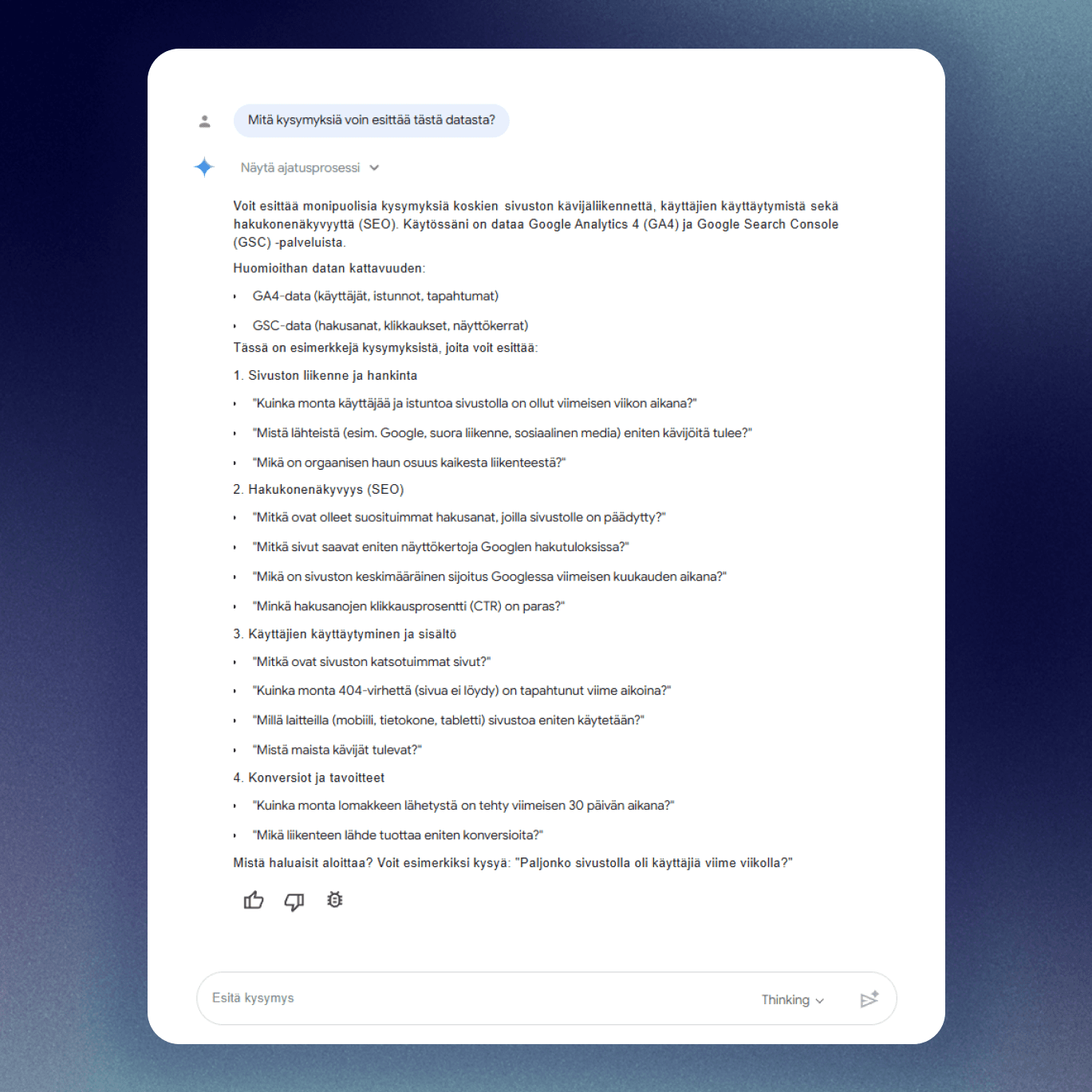 Conversational Analytics -toiminnon käyttöliittymä on kuin millä tahansa chatbotilla: kysymysten syöttämiselle on tekstikenttä, jonka ylle muodostuvat agentin vastaukset.