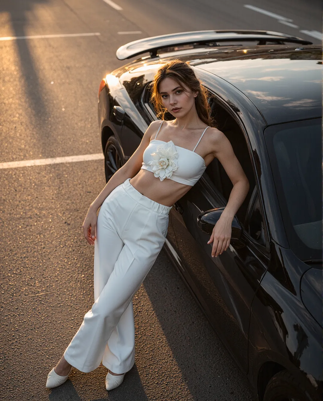 Woman in white crop top and pants poses beside black car during golden hour street style fashion shoot