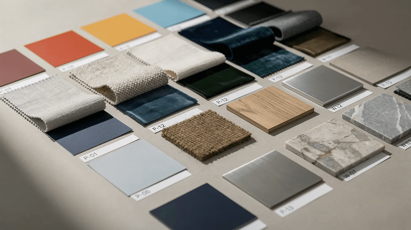The image features a close-up view of an array of diverse color swatches and material samples meticulously arranged on a neutral surface, showcasing the vibrant palette and textures that can inspire innovative solutions in branding and design. This collection reflects the creative excellence of a design agency in Dubai, highlighting the importance of visual identity in developing unique brand identities across various industries.