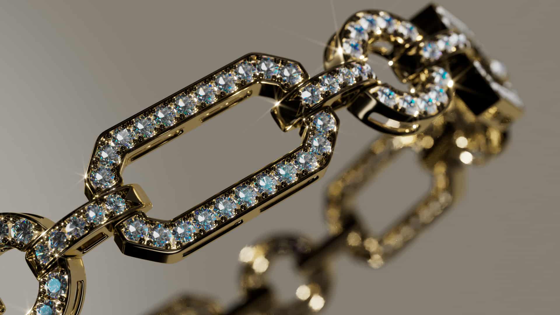 Mainframe luxury work: diamond bracelet in micro-detail CGI closeup in a craftsmanship style for luxury storytelling.