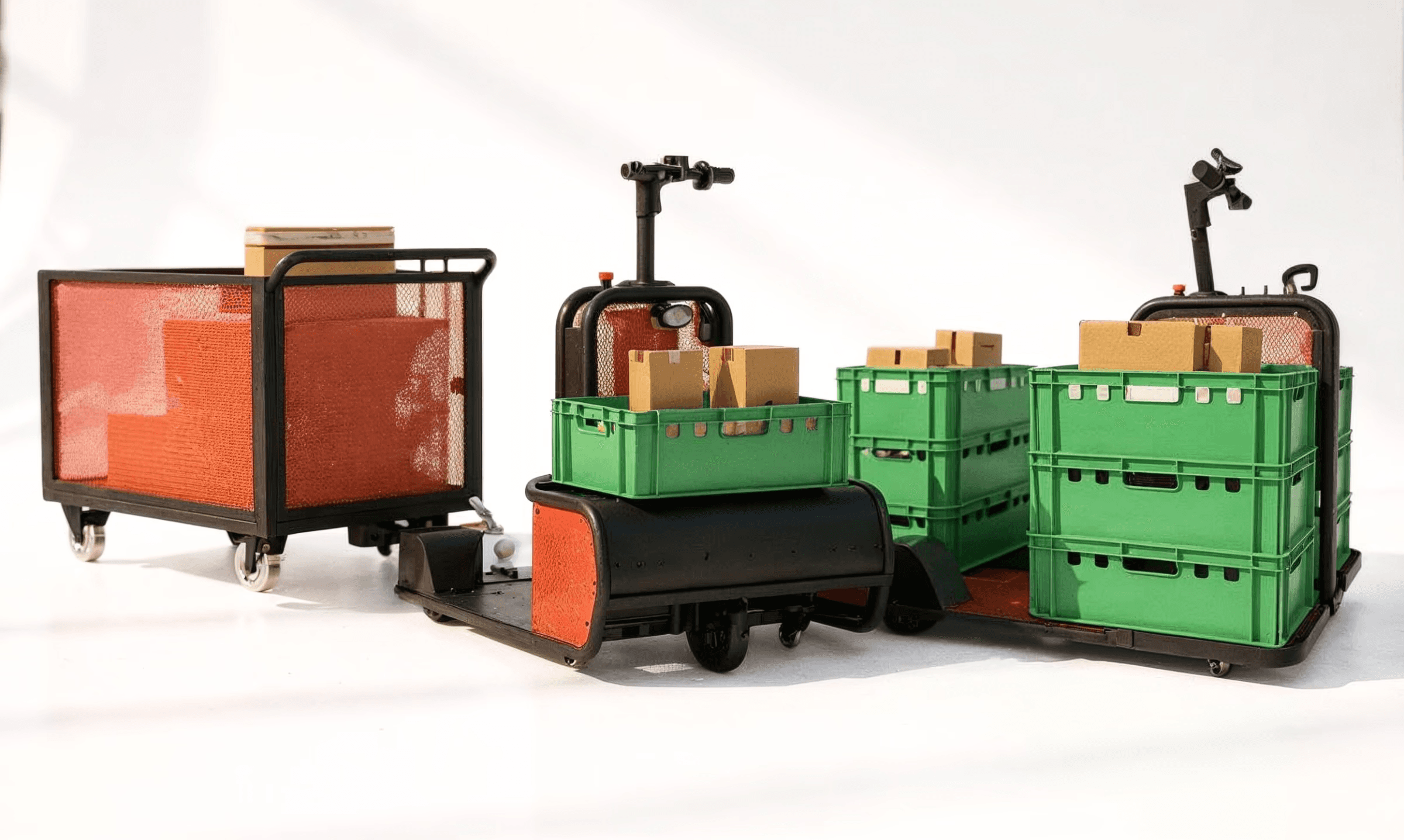 “Front view of Hergele Mobility Wamo micro mobility order picker and Tugger electric towing vehicle lineup with green stackable plastic IFCO cases and cardboard boxes, showcasing heavy load transport and warehouse logistics solutions.