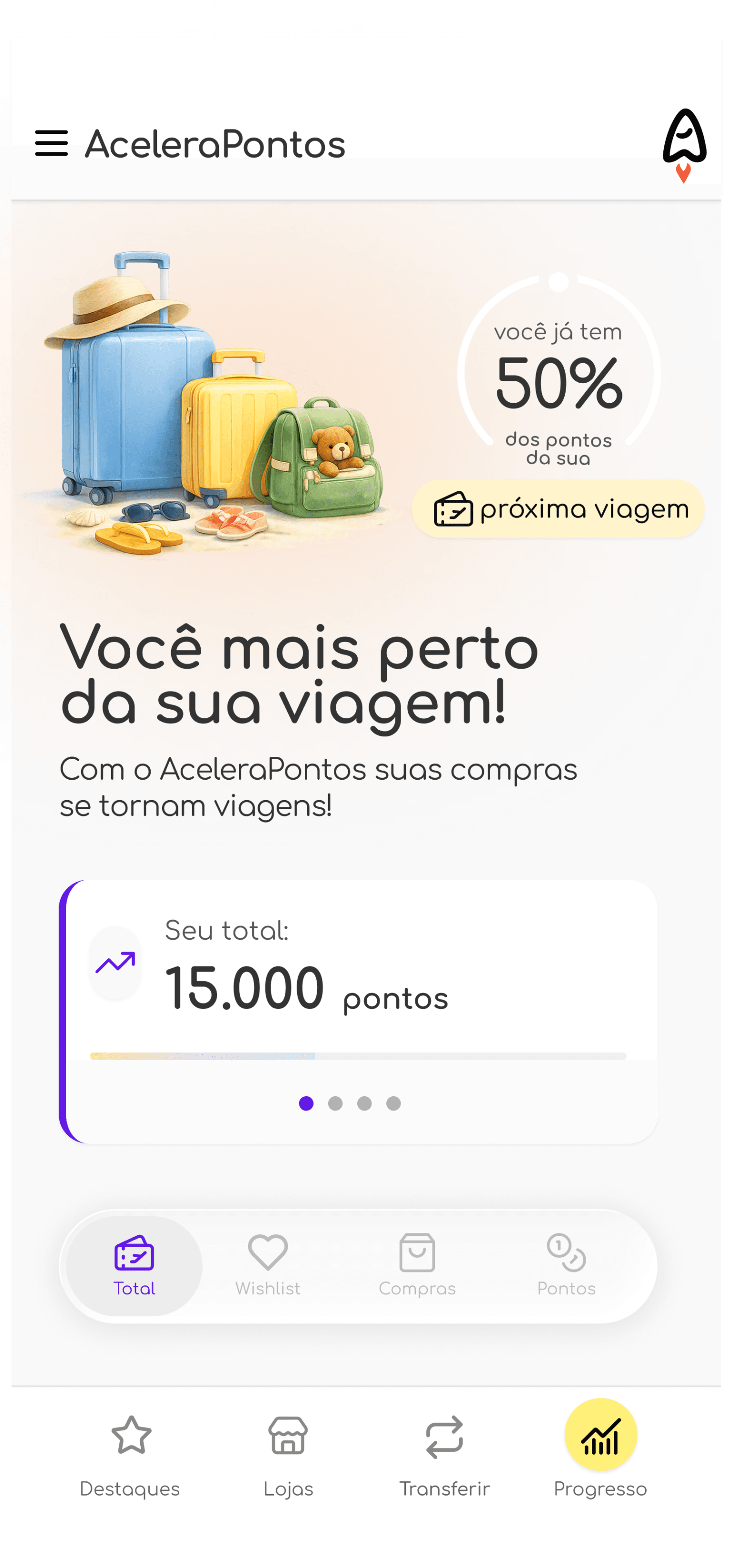 Tela do app de milhas AceleraPontos mostrando o progresso para atingir a próxima viagem