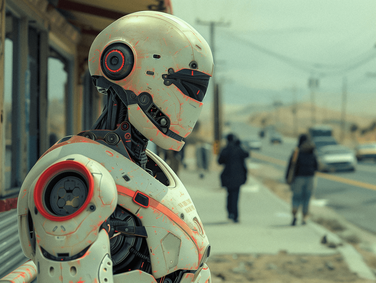 Robot standing near road
