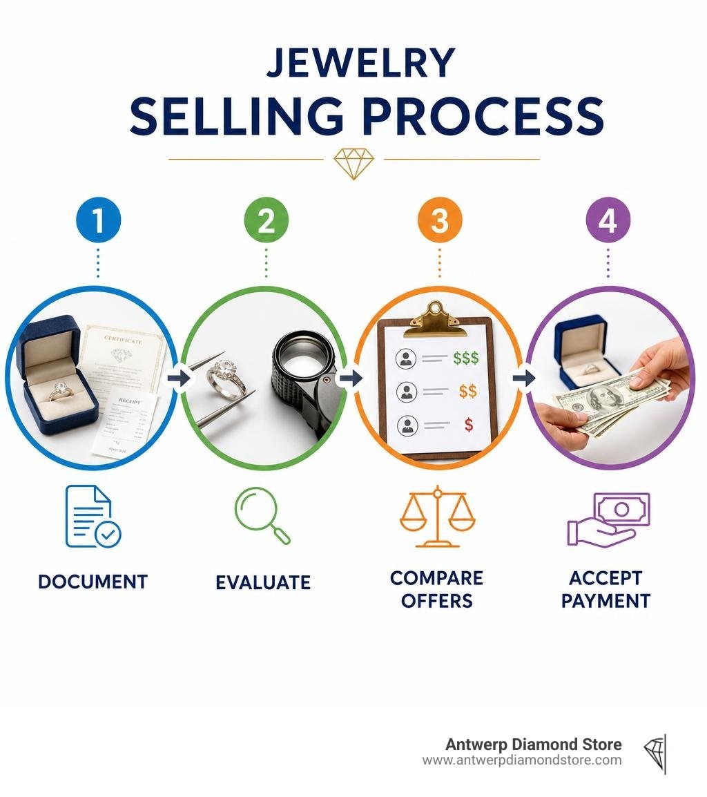 Jewelry selling process: document, evaluate, compare offers, accept payment infographic