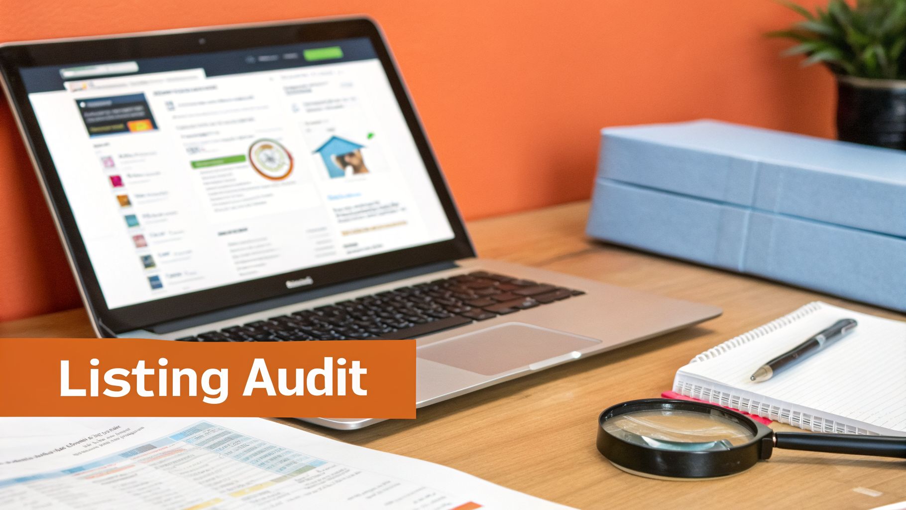 A desk with a laptop showing a listing audit website, magnifying glass, notebook, and documents.