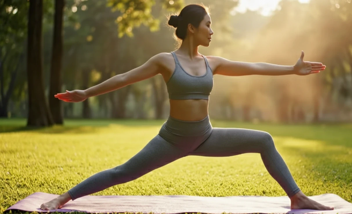 A young Asian woman in a grey sports bra and leggings performing the Warrior II yoga pose on a purple mat in a lush green park. The scene is illuminated by the soft, warm glow of a golden hour sunset filtering through the trees, creating a peaceful and serene atmosphere.