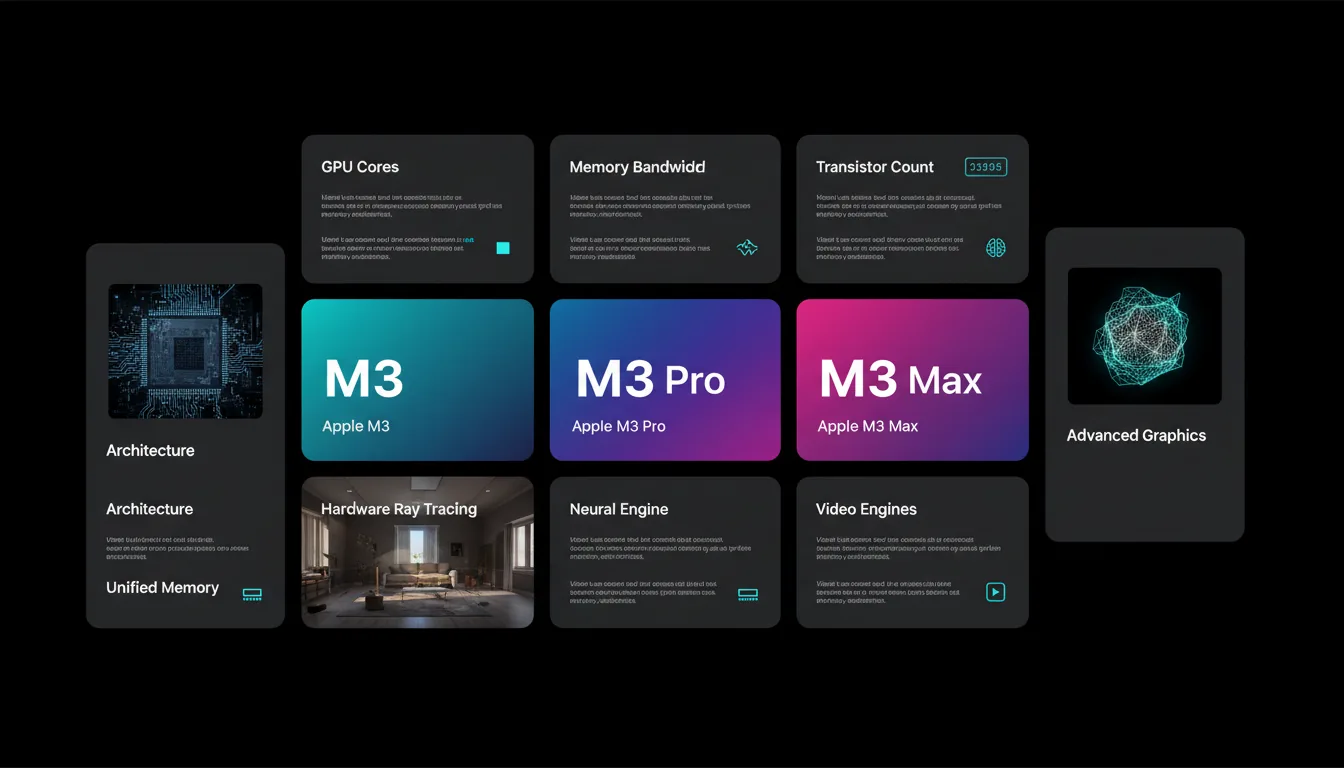 Modern dark mode tech product infographic showcasing the specifications of the Apple M3, M3 Pro, and M3 Max GPU chips. The design features a clean grid layout of rounded-corner dark gray cards on a black background. A central row highlights three main product cards, each with a stylized white logo and placeholder product names, set against vibrant background gradients of teal, deep blue, and vivid purple. Surrounding cards contain technical specifications with abstracted text lines, bold headers, and illustrative graphics, including photorealistic silicon chip dies, a 3D rendered interior scene demonstrating ray tracing, and an abstract 3D mesh object. The typography is minimalist and sans-serif, with white and cyan accent colors, creating a premium, high-tech SaaS dashboard aesthetic.